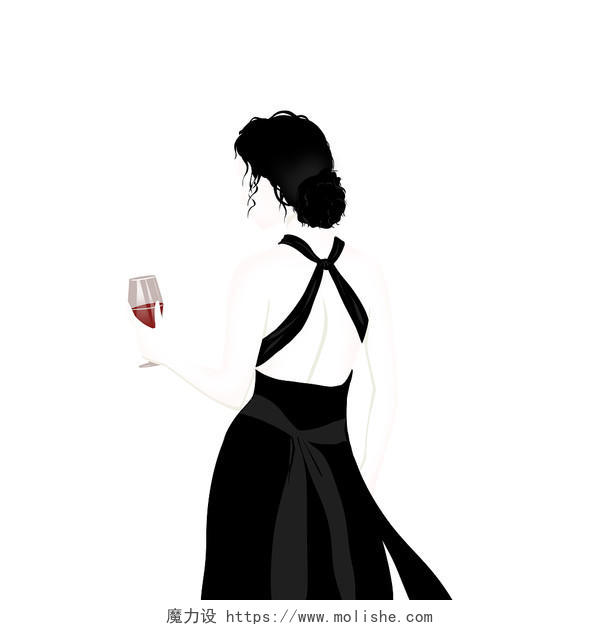 女神节黑色礼裙红酒女性素材插画新年